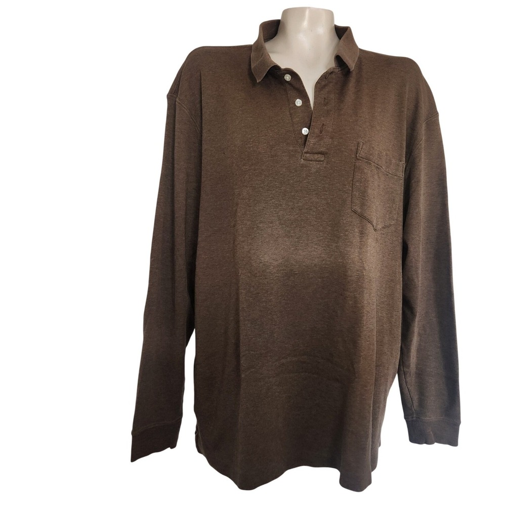 Lands End Mens XL‎ Brown Long Sleeve Polo Shirt Chest Pocket Heathered Cotton